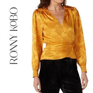 Ronny Kobo - Lorrie Satin Long Sleeve Blouse - Yellow - Size Large - NWT